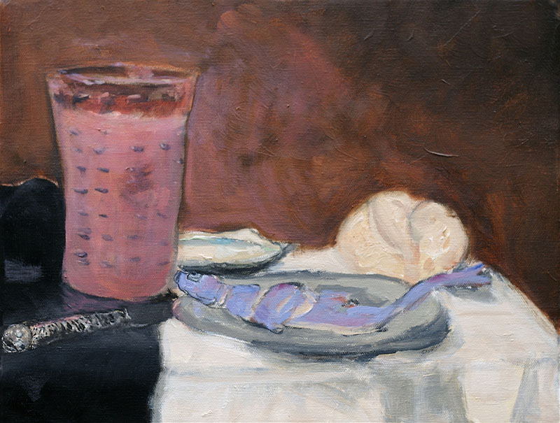 Nature morte au verre rose - 5F - huile sur toile